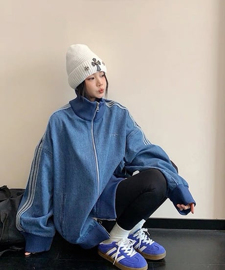 Oversized Track Line Denim Jacket  / 2colors