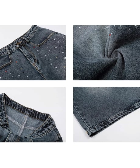 Rhinestone Washed Wide Denim Cropped Pants