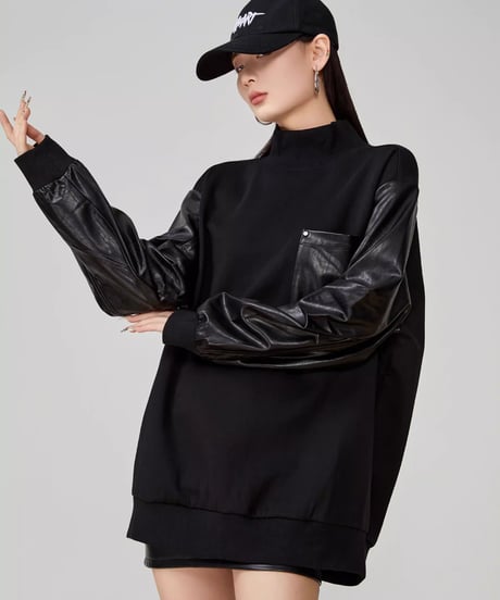 Faux Leather Contrast High-Neck Pullover Sweatshirt