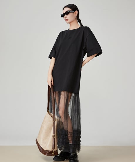 Tulle Layered Patchwork Mesh T-Shirt Dress