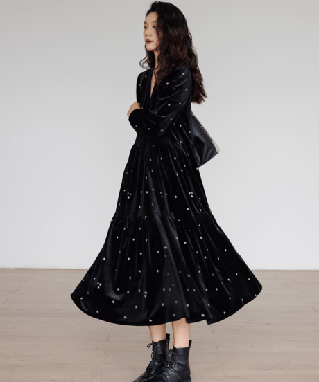 Star-Embroidered Velvet Tiered Long Dress
