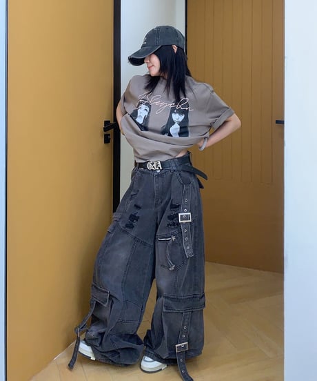 Damage Distressed Oversized Cargo Denim Pants / 2colors