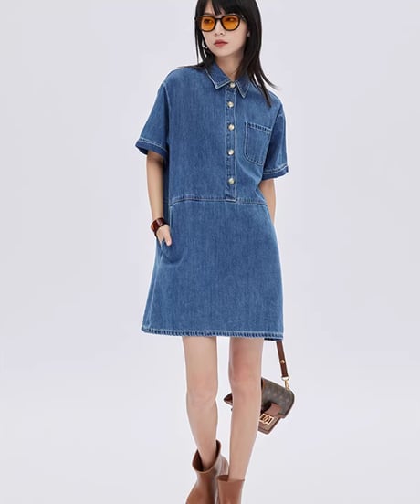 Polo Collar Denim Shirt Dress