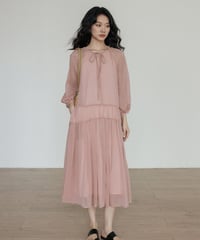 Sheer Chiffon Balloon-Sleeve Long Dress / 4colors