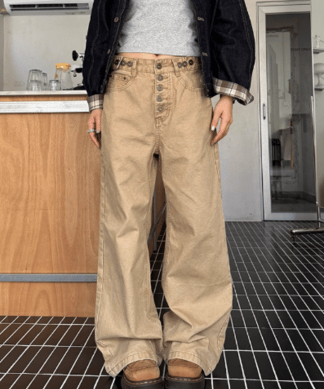 Retro High-Waisted Button Wide Pants  / 2colors