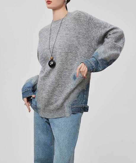 Denim-Docked Oversized Knit Pullover