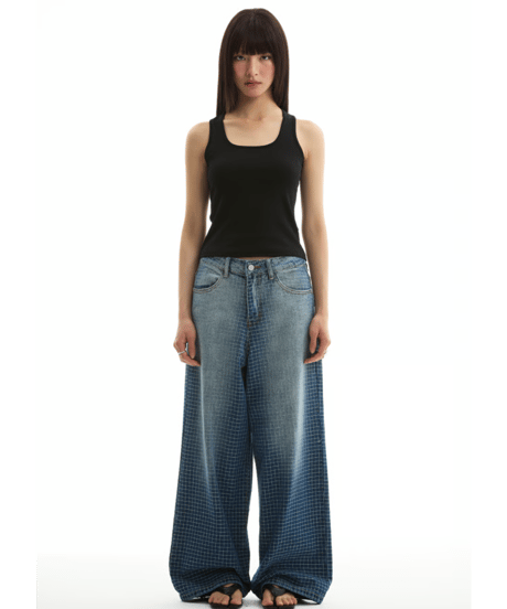 Grid Pattern Wide Straight Denim