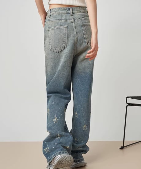 Gradient Star Motif Wide Denim Pants