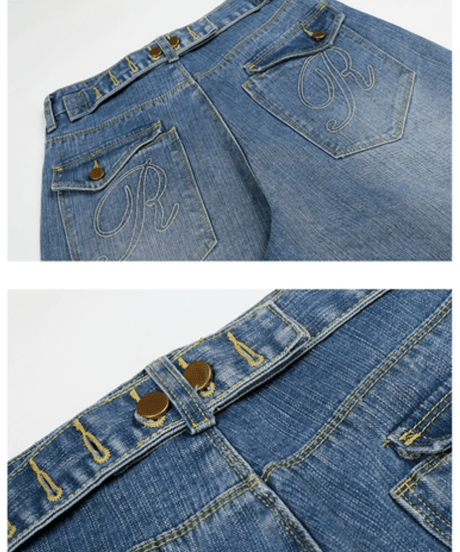 Back Belt Detail Wide Denim Pants
