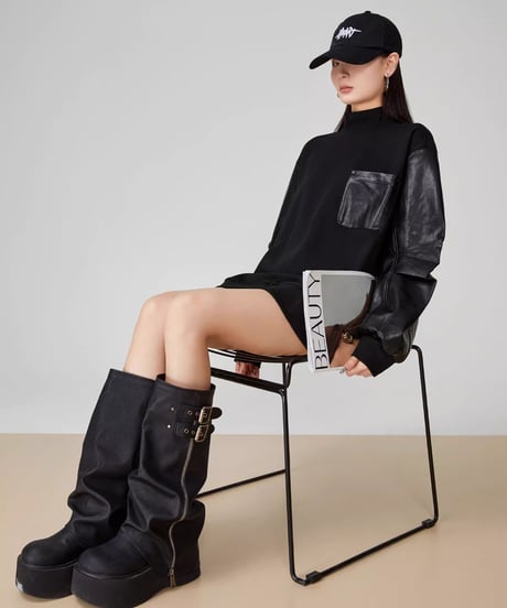 Faux Leather Contrast High-Neck Pullover Sweatshirt
