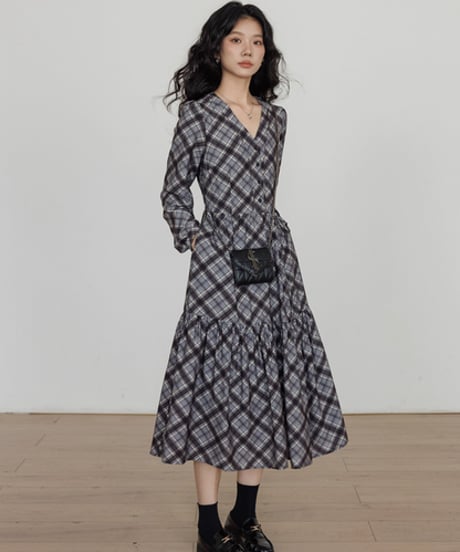 Check Tiered Long Onepiece  / 3colors