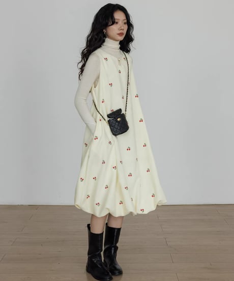 Cherry Embroidery Balloon Onepiece