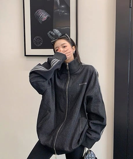 Oversized Track Line Denim Jacket  / 2colors