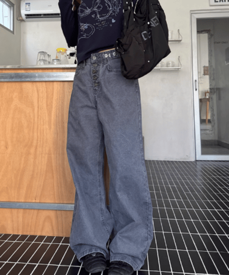Retro High-Waisted Button Wide Pants  / 2colors