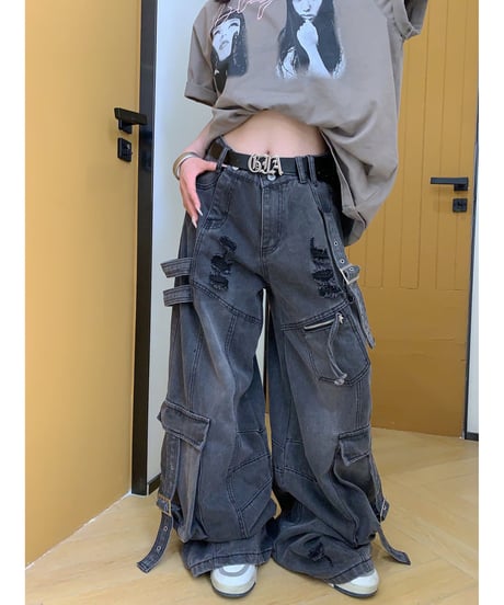 Damage Distressed Oversized Cargo Denim Pants / 2colors
