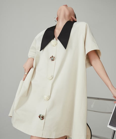Retro Bicolor Flower Button Shirt Dress