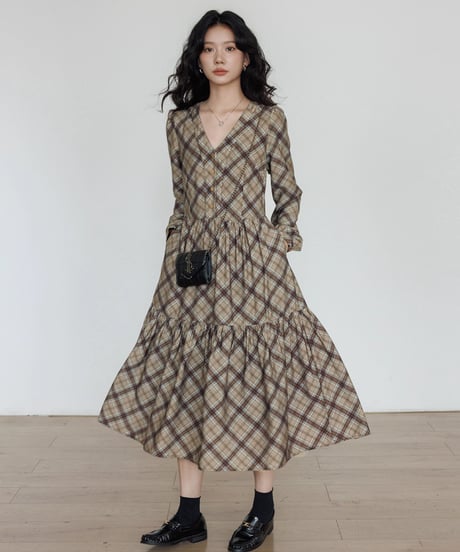Check Tiered Long Onepiece  / 3colors