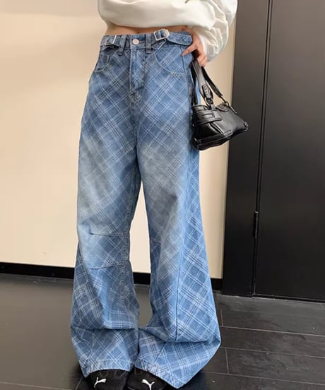 Plaid Pattern Wide Leg Denim Pants / 2colors