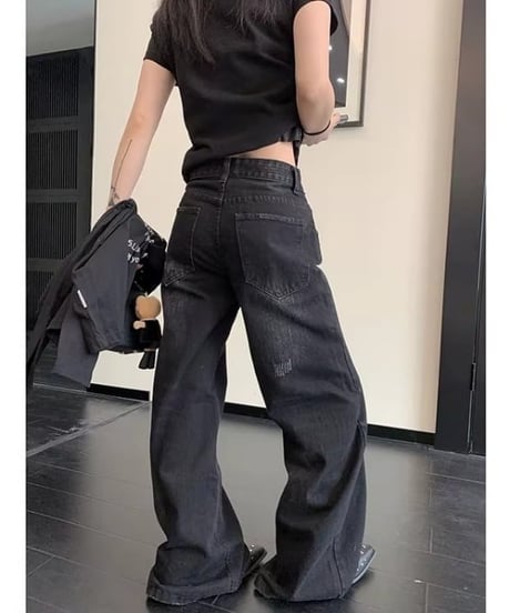Vintage-Wash Distressed Wide-Leg Denim Pants / 2colors