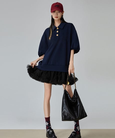 Polo Collar Tulle Docking Mini Dress