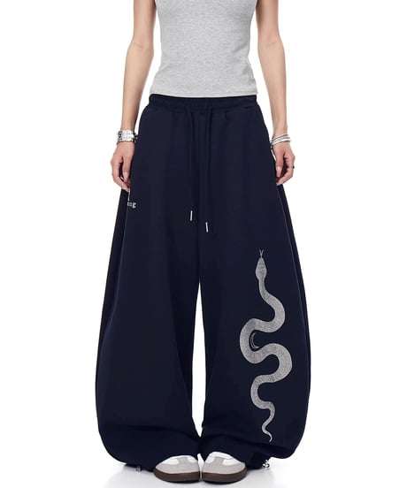 Snake Rhinestone Wide Curve Sweat Pants / 2colors