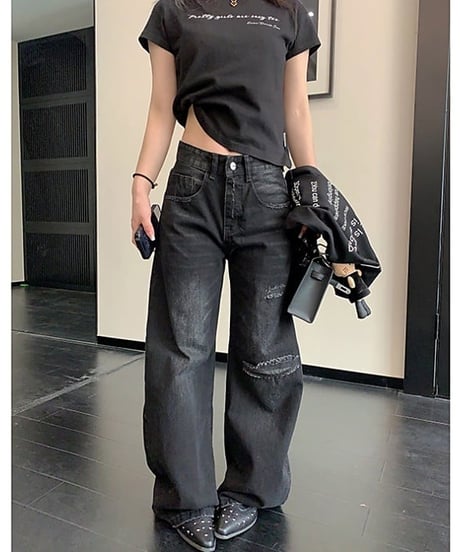 Vintage-Wash Distressed Wide-Leg Denim Pants / 2colors