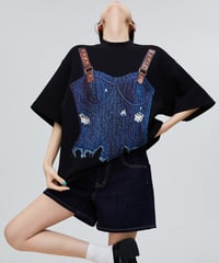 Illusion Denim-Corset Mock-Neck Top