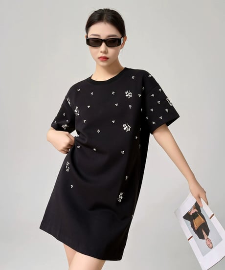 Rhinestone T-shirt Dress  / 2colors