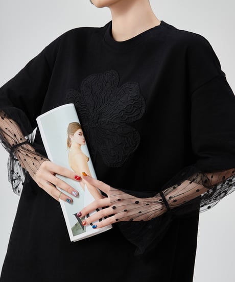 Floral Embroidery Lace Sleeve Oversized T-Shirt