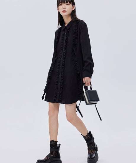 Small Frill Vertical Line Shirt Dress