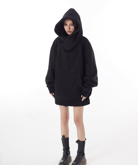High-Neck Oversized Hooded Sweatshirt with Voluminous Hood / 2colors