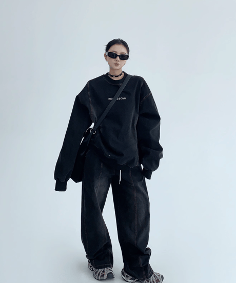 Vintage-Washed Sweat Denim Set  / 2colors