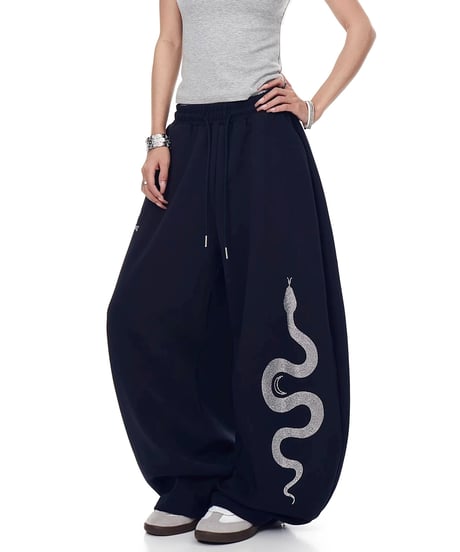 Snake Rhinestone Wide Curve Sweat Pants / 2colors