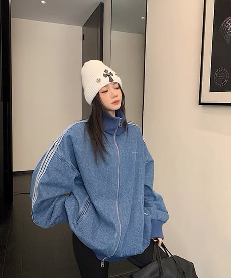 Oversized Track Line Denim Jacket  / 2colors