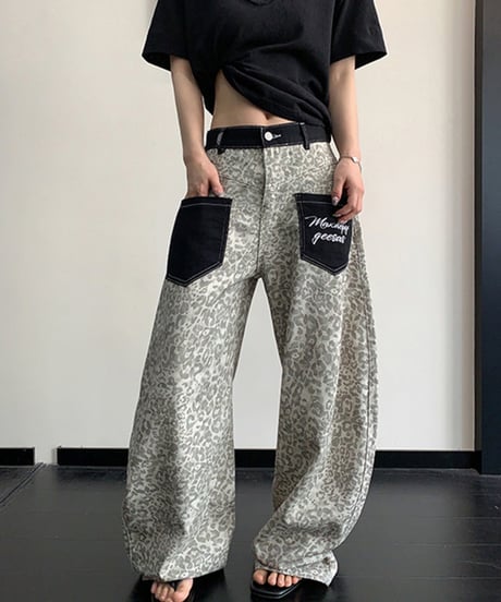 Leopard Pattern Wide Denim Pants / 2colors