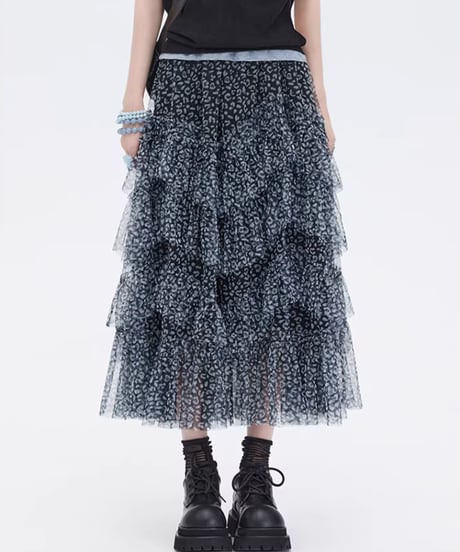 Flower Mesh Tiered Long Skirt