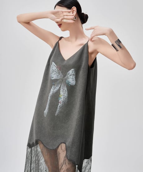 Ribbon Motif Lace Spliced Camisole Dress