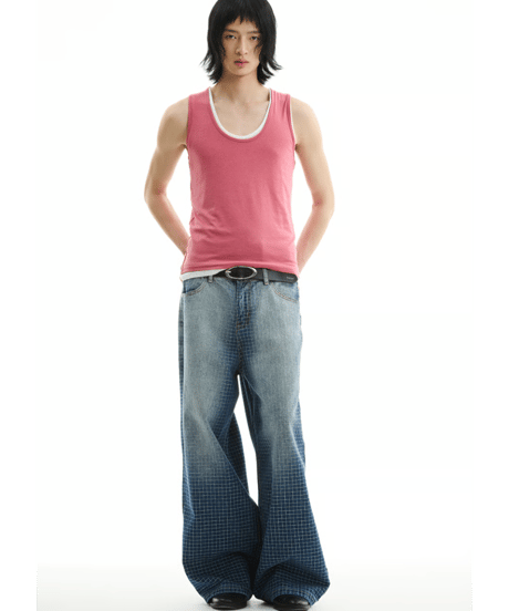 Grid Pattern Wide Straight Denim