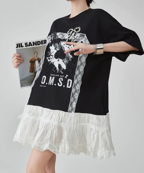 Graphic Print Lace Docking T-Shirt Mini Dress