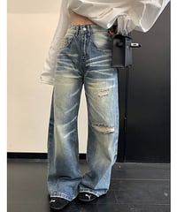 Vintage-Wash Distressed Wide-Leg Denim Pants / 2colors