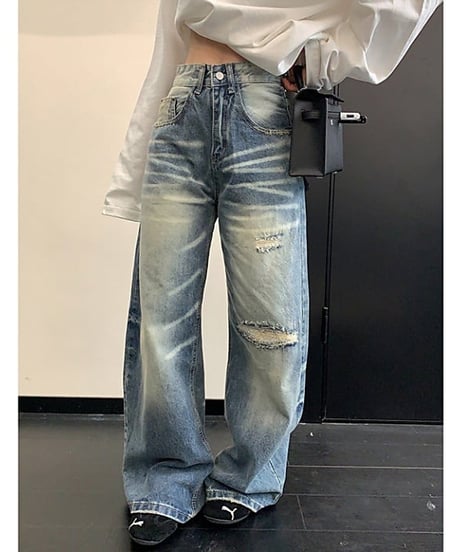 Vintage-Wash Distressed Wide-Leg Denim Pants / 2colors