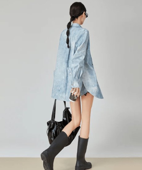 Light Denim Oversized Shirt & High-Waist Shorts Set