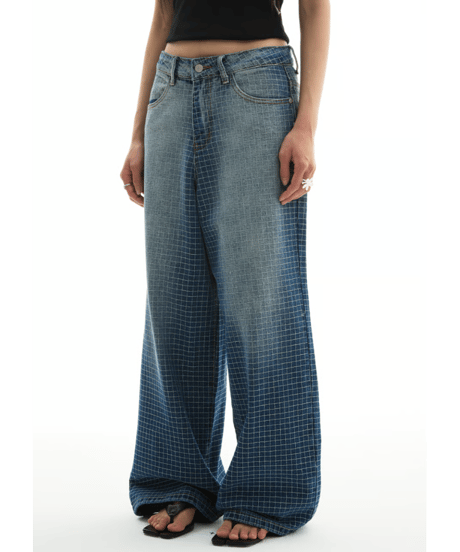 Grid Pattern Wide Straight Denim