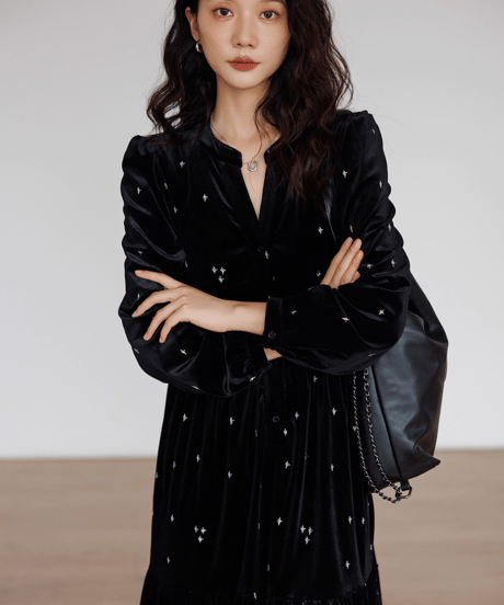 Star-Embroidered Velvet Tiered Long Dress