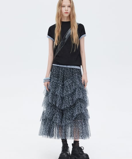 Flower Mesh Tiered Long Skirt
