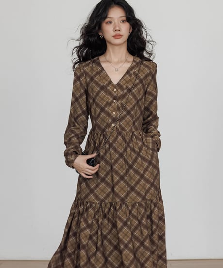 Check Tiered Long Onepiece  / 3colors
