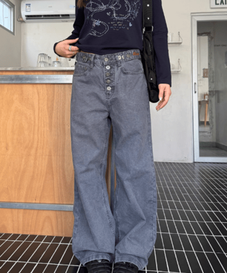 Retro High-Waisted Button Wide Pants  / 2colors