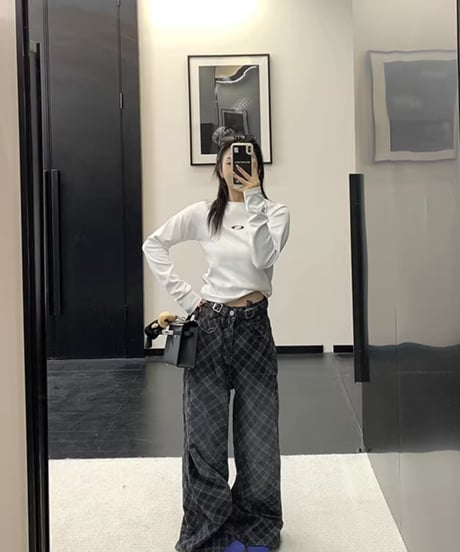 Plaid Pattern Wide Leg Denim Pants / 2colors