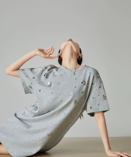 Rhinestone T-shirt Dress  / 2colors