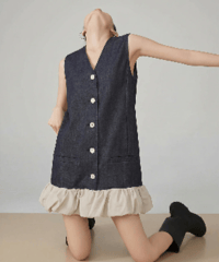 Indigo Denim Balloon Frill Docking Mini Dress